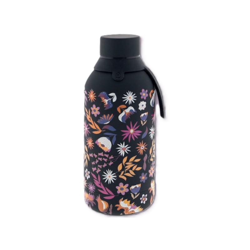 Borraccia termica nera decorata con fiori multicolor in acciaio inox doppia parete da 500 ml
